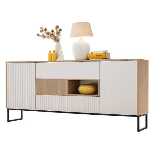 Grand Buffet Scandinave Noe 197 Cm - Sans Poignées - Bois Et Pieds Noir Metal