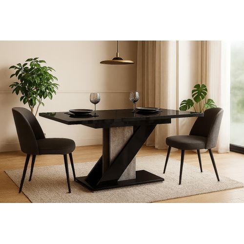 Table à Manger Extensible Evan Noir Laqué Et Beton 120 à 160 Cm 6 Personnes