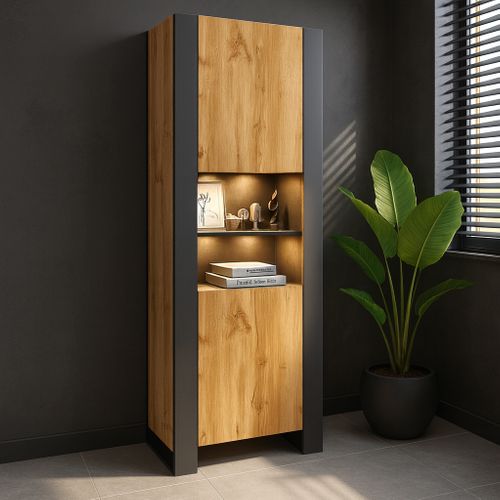 Armoire Vitrine Lovy En Noir Et Bois Chêne Avec LED Rgb 70 Cm Sans Poignées