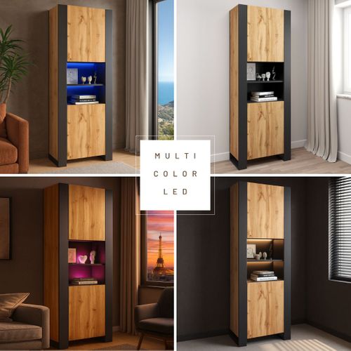 Armoire Vitrine Lovy En Noir Et Bois Chêne Avec LED Rgb 70 Cm Sans Poignées