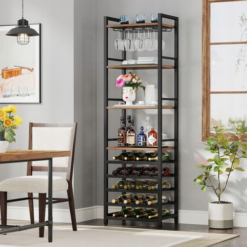 Casier à Vin Étagère à Bouteilles Autonome à 9 Étages Avec Support En Verre Et Étagères De Rangement