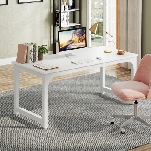 Grand Bureau D'ordinateur Moderne - 160 X 80 Cm - Cadre En Métal Blanc