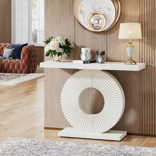 Table Console, Meuble D'entrée Avec Base Circulaire En Forme, Pour Entrée Couloir, Blanc