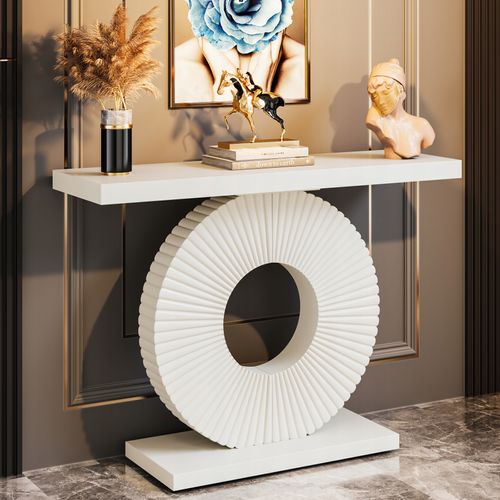 Table Console, Meuble D'entrée Avec Base Circulaire En Forme, Pour Entrée Couloir, Blanc