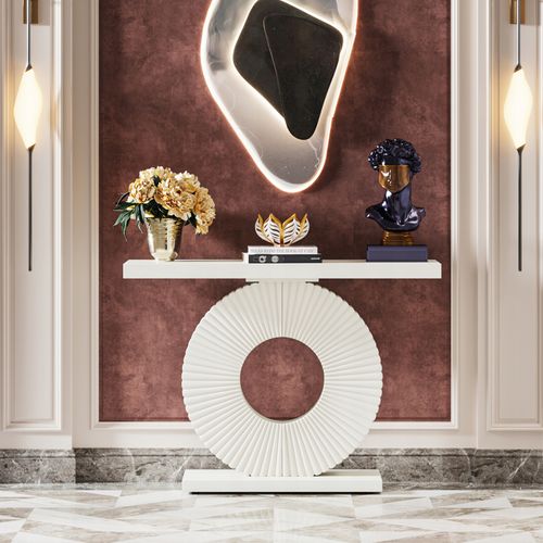 Table Console, Meuble D'entrée Avec Base Circulaire En Forme, Pour Entrée Couloir, Blanc