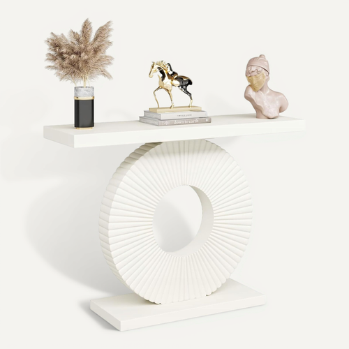Table Console, Meuble D'entrée Avec Base Circulaire En Forme, Pour Entrée Couloir, Blanc