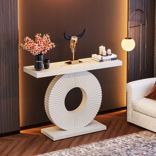 Table Console, Meuble D'entrée Avec Base Circulaire En Forme, Pour Entrée Couloir, Blanc