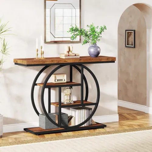 Table Console Industrielle à 4 Niveaux Avec Base Circulaire, Pour Salon, Couloir, Foyer