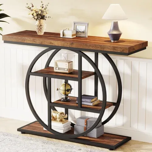 Table Console Industrielle à 4 Niveaux Avec Base Circulaire, Pour Salon, Couloir, Foyer
