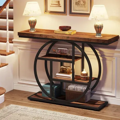 Table Console Industrielle à 4 Niveaux Avec Base Circulaire, Pour Salon, Couloir, Foyer