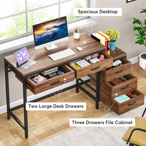 Bureau D'ordinateur, Table De Bureau Avec 5 Tiroirs, Bureau Informatique, 130x45x82cm