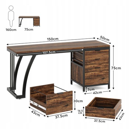 Bureau D'ordinateur Avec 3 Tiroirs, 150 Cm, Avec Tiroirs Réversibles, Bureau Industriel