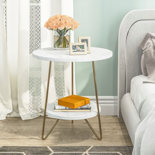 Table D'appoint à 2 Étages, Petite Table Basse Pour Salon, Chambre à Coucher, Blanc Et Doré, Mdf