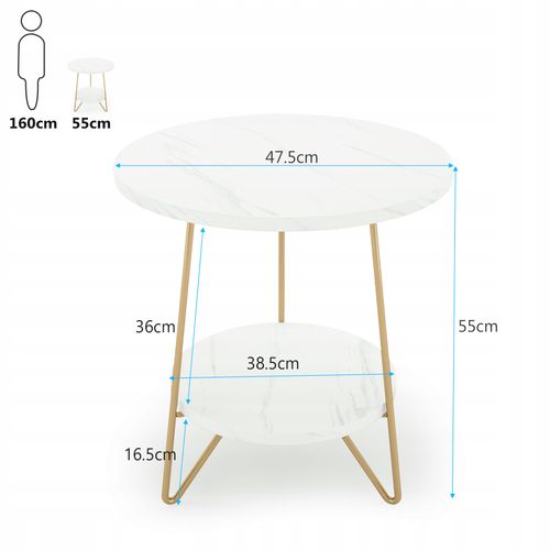 Table D'appoint à 2 Étages, Petite Table Basse Pour Salon, Chambre à Coucher, Blanc Et Doré, Mdf