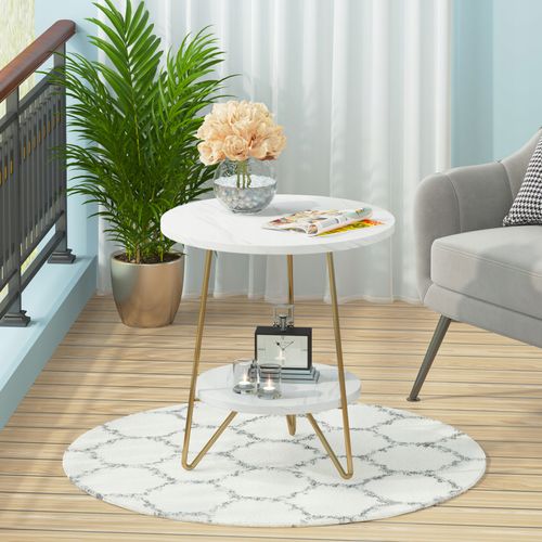 Table D'appoint à 2 Étages, Petite Table Basse Pour Salon, Chambre à Coucher, Blanc Et Doré, Mdf