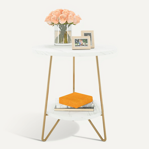 Table D'appoint à 2 Étages, Petite Table Basse Pour Salon, Chambre à Coucher, Blanc Et Doré, Mdf