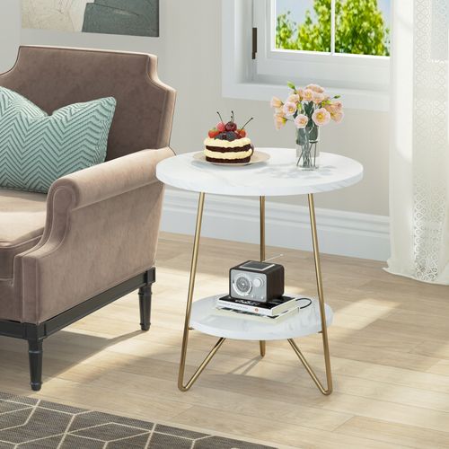 Table D'appoint à 2 Étages, Petite Table Basse Pour Salon, Chambre à Coucher, Blanc Et Doré, Mdf
