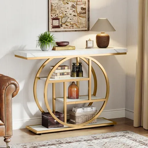 Console De Style Industriel De 105 Cm, à 4 Niveaux Avec Base Circulaire (blanc/doré)