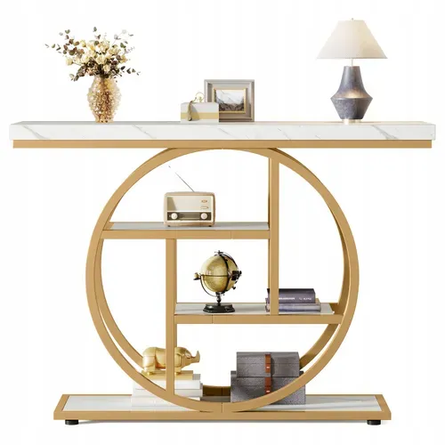 Console De Style Industriel De 105 Cm, à 4 Niveaux Avec Base Circulaire (blanc/doré)
