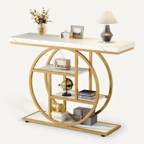 Console De Style Industriel De 105 Cm, à 4 Niveaux Avec Base Circulaire (blanc/doré)