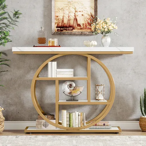 Console De Style Industriel De 105 Cm, à 4 Niveaux Avec Base Circulaire (blanc/doré)