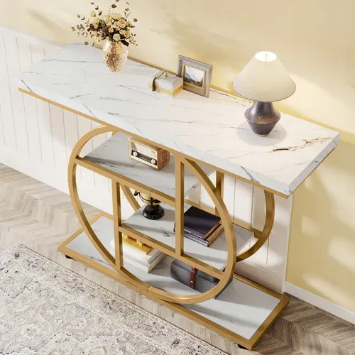 Console De Style Industriel De 105 Cm, à 4 Niveaux Avec Base Circulaire (blanc/doré)