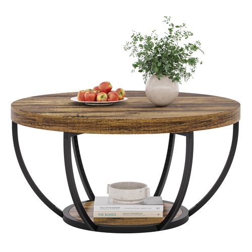 Table Basse Ronde Industrielle à 2 Niveaux Pour Salon, Bureau à Domicile, Marron Rustique