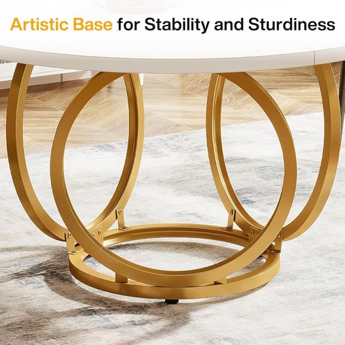 Table à Manger Ronde Pour 4 Pour Cuisine, Salle à Manger Ou Café (118 * 118 Cm, Blanc Et Or)