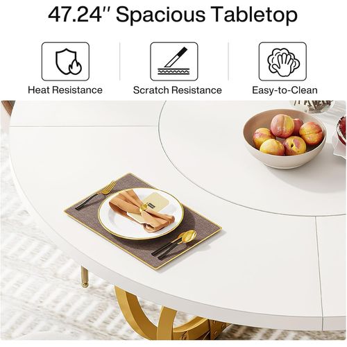 Table à Manger Ronde Pour 4 Pour Cuisine, Salle à Manger Ou Café (118 * 118 Cm, Blanc Et Or)