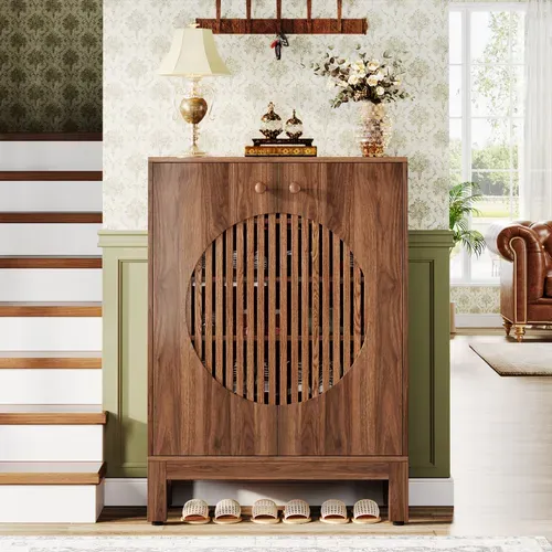 Meuble à Chaussures à 5 Niveaux Avec Portes Rondes à Persiennes, Avec Étagères Réglables