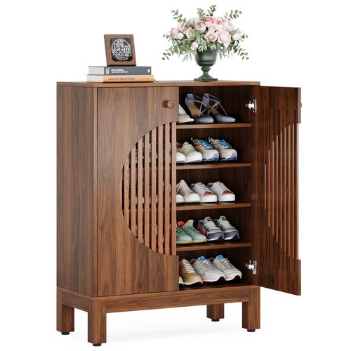 Meuble à Chaussures à 5 Niveaux Avec Portes Rondes à Persiennes, Avec Étagères Réglables