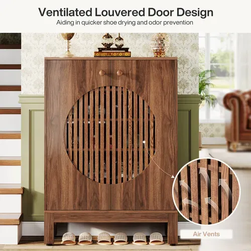 Meuble à Chaussures à 5 Niveaux Avec Portes Rondes à Persiennes, Avec Étagères Réglables