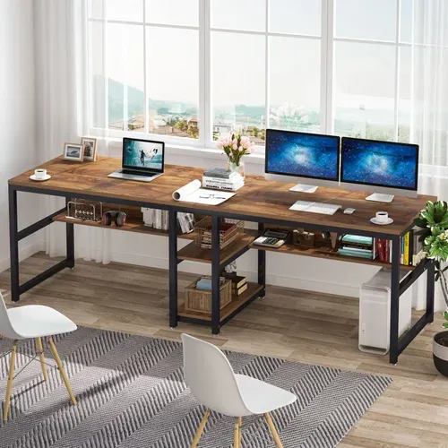 200 Cm Bureau D'ordinateur Double Pour Deux Personnes, Bureau D'écriture Rustique Avec Étagère
