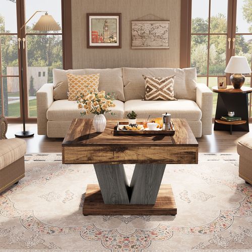 Table Basse Carrée, Table Basse Pour Salon, Moderne/industriel/rustique, Marron Rustique Et Noir