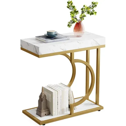 Table D'appoint Étroite En Or Blanc - Table D'appoint En Forme De C - Table De Chevet Moderne