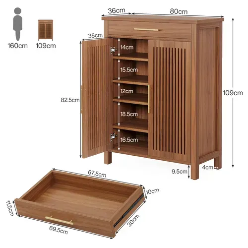 Armoire à Chaussures Étroite à 5 Étages Avec Portes à Lamelles Et Tiroir, 80 X 36 X 110 Cm, Marron