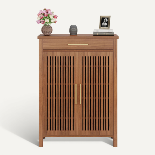 Armoire à Chaussures Étroite à 5 Étages Avec Portes à Lamelles Et Tiroir, 80 X 36 X 110 Cm, Marron