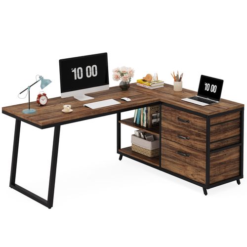 Bureau D'ordinateur En Forme De L Avec 3 Tiroirs, Marron Rustique