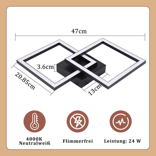 Plafonnier LED Carré Noir 24 W 4 000 K Blanc Neutre Lampe De Cuisine Moderne