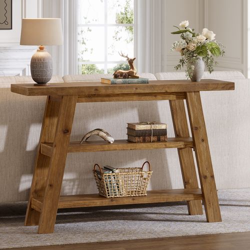 Table Console En Bois Massif De 120 Cm De Long Avec Étagères à 3 Niveaux