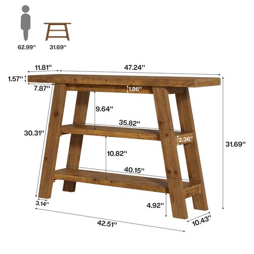 Table Console En Bois Massif De 120 Cm De Long Avec Étagères à 3 Niveaux