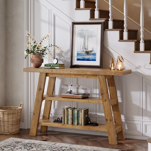 Table Console En Bois Massif De 120 Cm De Long Avec Étagères à 3 Niveaux
