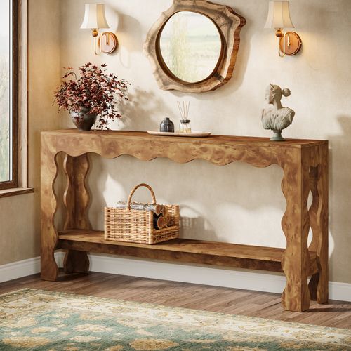 Table Console De 160 Cm, Table D'entrée Étroite à 2 Niveaux Avec Pieds Festonnés