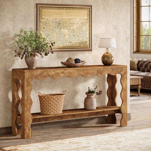 Table Console De 160 Cm, Table D'entrée Étroite à 2 Niveaux Avec Pieds Festonnés