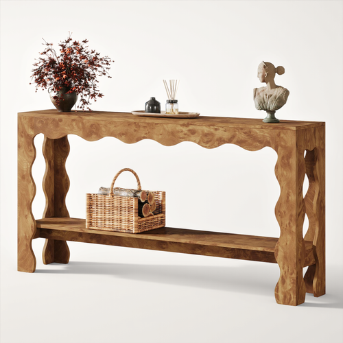 Table Console De 160 Cm, Table D'entrée Étroite à 2 Niveaux Avec Pieds Festonnés