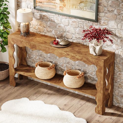 Table Console De 160 Cm, Table D'entrée Étroite à 2 Niveaux Avec Pieds Festonnés