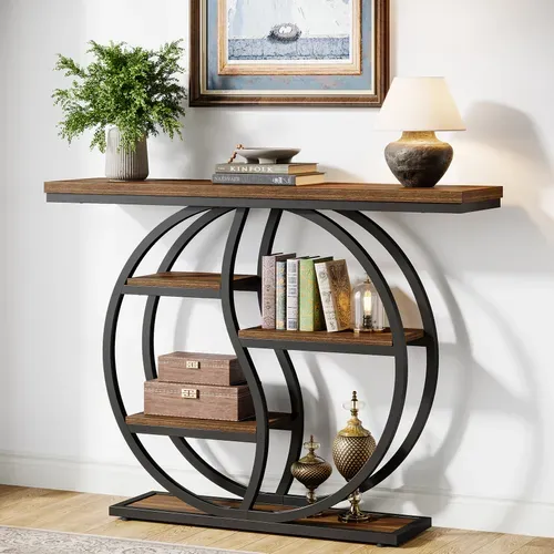 Table Console Industrielle à 4 Étages, 120 X 30 Cm, Avec Base Circulaire