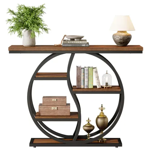 Table Console Industrielle à 4 Étages, 120 X 30 Cm, Avec Base Circulaire