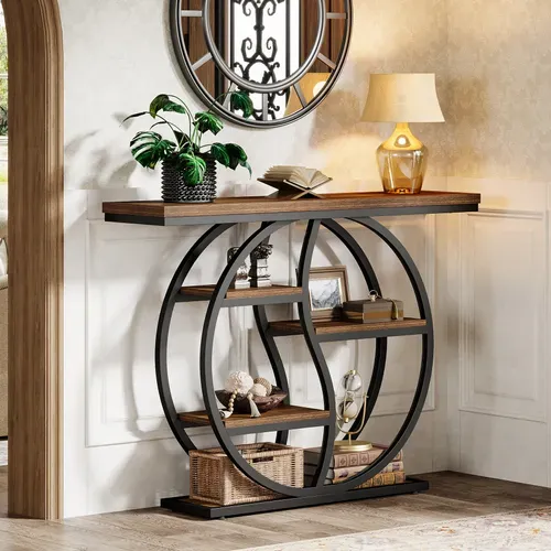 Table Console Industrielle à 4 Étages, 120 X 30 Cm, Avec Base Circulaire