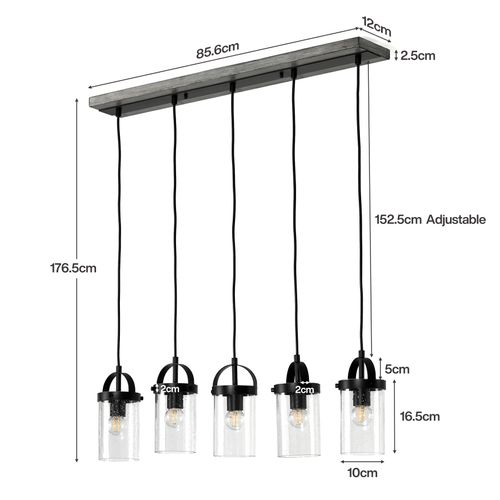 Lustre Linéaire Noir à 5 Lumières, Hauteur Réglable (culot E27, Ampoules Non Fournies)